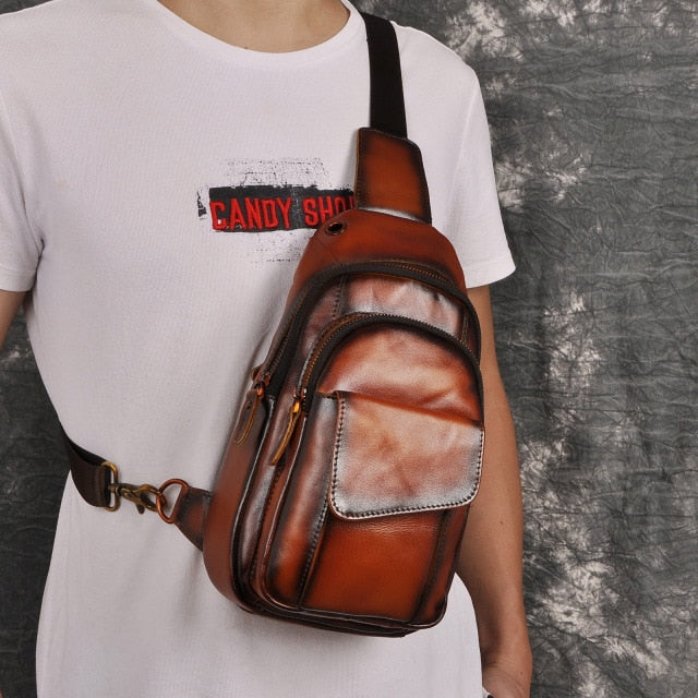 Crazy Horse Leather Sling Bag Vintage Leather Chest Bag Mens
